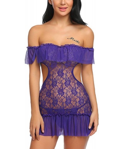 Women's Lingerie Dress Lace Ruffle Trim Babydoll Off Shoulder Chemise Nighties - Style 2-purple - CQ18TGDS5X5 $42.57 Baby Dol...