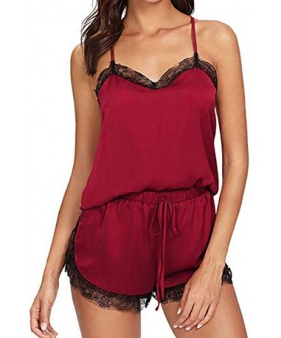 Women's Lace Satin Sleepwear Cami Top and Shorts Pajama Set Nightwear - Wine Red - CC18O3ZMTI4 $14.57 Sets