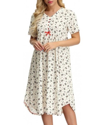 Womens Cotton Nightgown Button Front Floral Shirt for Sleep Nightdress with Bow - 1*beige - CM18OO5DRY6 $26.01 Nightgowns & S...