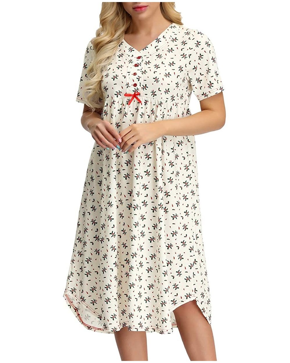 Womens Cotton Nightgown Button Front Floral Shirt for Sleep Nightdress with Bow - 1*beige - CM18OO5DRY6 $26.01 Nightgowns & S...