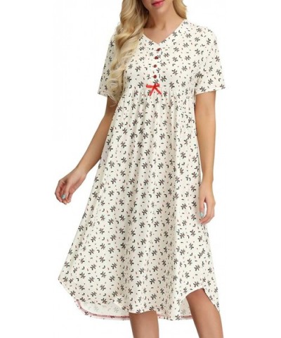 Womens Cotton Nightgown Button Front Floral Shirt for Sleep Nightdress with Bow - 1*beige - CM18OO5DRY6 $26.01 Nightgowns & S...