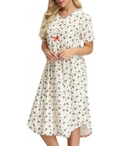 Womens Cotton Nightgown Button Front Floral Shirt for Sleep Nightdress with Bow - 1*beige - CM18OO5DRY6 $26.01 Nightgowns & S...