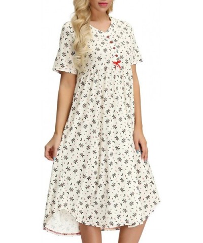 Womens Cotton Nightgown Button Front Floral Shirt for Sleep Nightdress with Bow - 1*beige - CM18OO5DRY6 $26.01 Nightgowns & S...