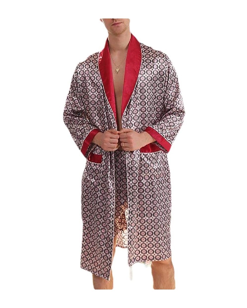 Men Summer Luxurious Kimono Soft Satin Robe with Shorts Nightgown Long-Sleeve Pajamas Printed Bathrobes - 3 - C21999TD4UG $64...