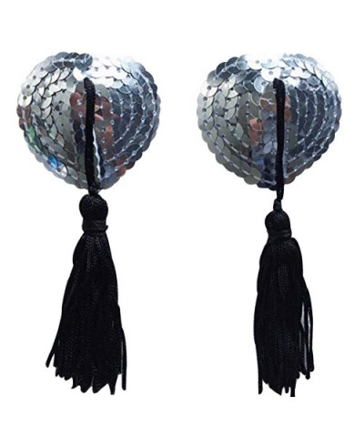 Reusable Heart Style Sequin Sexy Women Tassels Nipple Concealers Sticker Pasties Covers Pads Set (Pair) (Silver + Black) - Si...