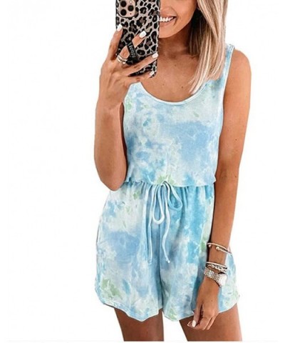 Womens Tie Dye Tank Top Rompers Rainbow Casual Outfits Crewneck Short Set Pajamas Set Loose Beach Playsuits Sky Blue - C21907...