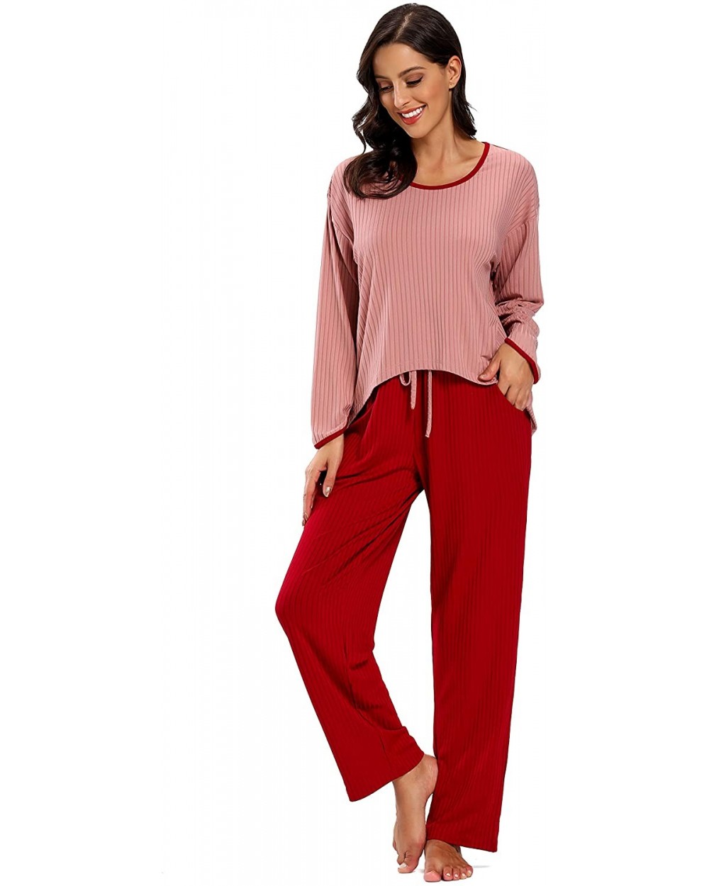 Women's Pajamas Set Long Sleeve Sleepwear Soft Sleepwear Set Lounge Nightgowns - Wine Red - CQ18Z5EQN4L $42.26 Sets