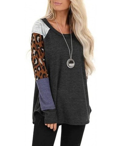 Fall Waffle Knit Tops Leopard Print Tunic Casual Raglan Long Sleeve Sweater Shirts Pullover Sweatshirt - Dark Gray - CU1932D7...