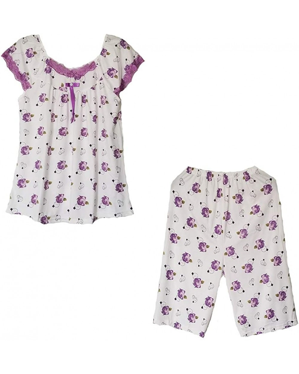 Cotton Blend Sleepwear Nightgowns- Short Sleeve Top with Capri Lounge Pants Pajamas Set- 2 Pieces - Purple - CS194TT7D9G $26....