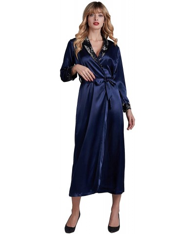 Women's Pure Color Satin Robe V-Neck Pattern Robe Bride Bridesmaid Nightgown - Navy Blue - C019CD3UI4S $42.59 Robes