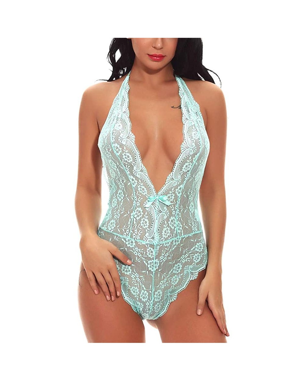 Lingerie for Women for Sex Sexy Womens Lace Bowknot Bodysuit Sexy Teddy Lingerie Backless Jumpsuit Underwear Z1 green - CC194...