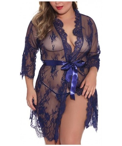 Women Lace Sexy Cardigan Skirt Nightgown Cardigan Lace Pajamas Underwear - Navy - C4198UQN6TT $40.10 Camisoles & Tanks