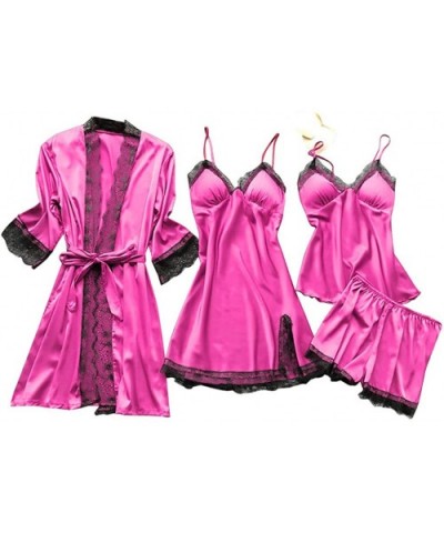 Women Pajamas Set Ladies Plus Size Sexy Lace V-Neck Robe Dress Babydoll Sleepwear Nightdress 4pcs Set - Hot Pink - CC194DSX0M...