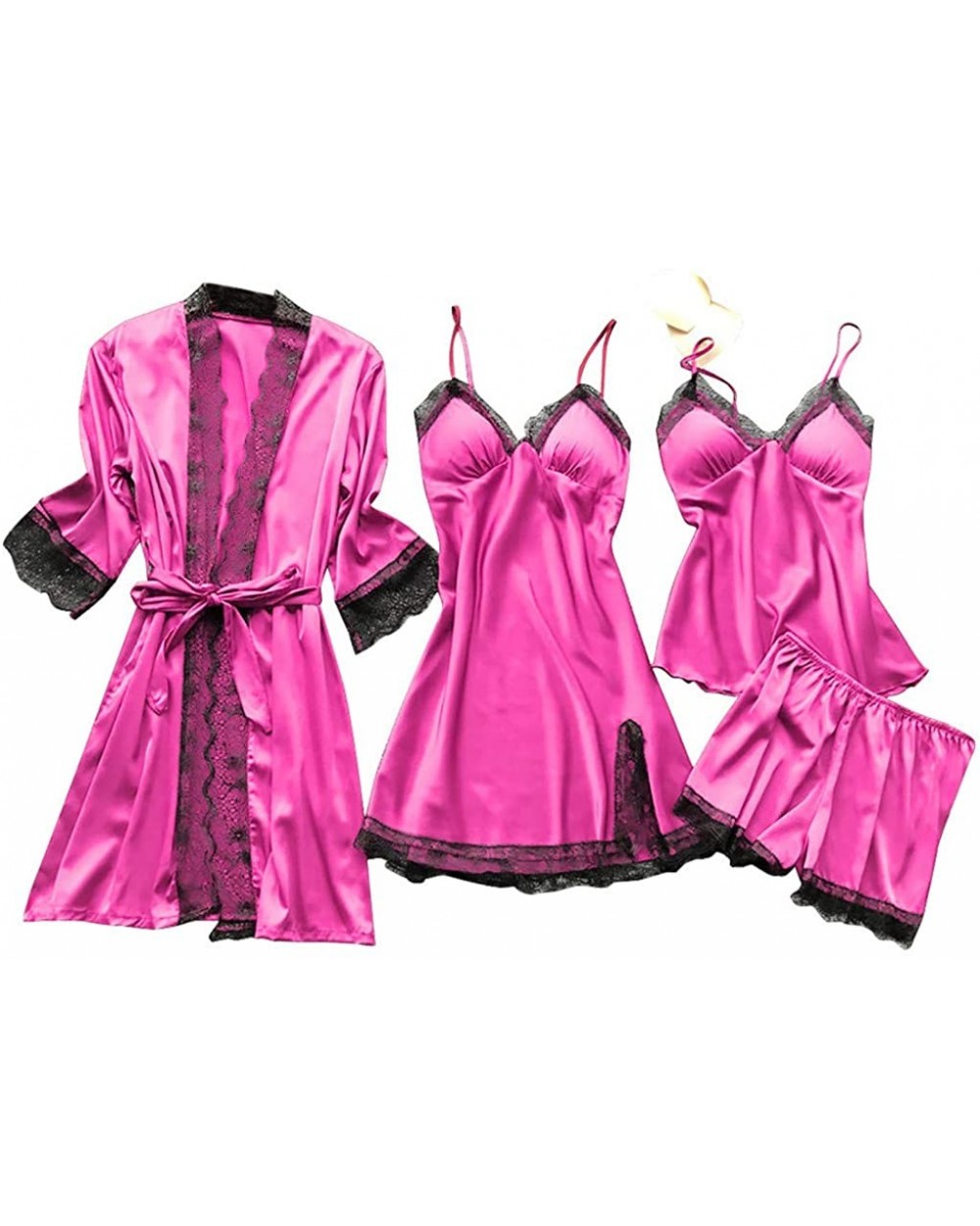 Women Pajamas Set Ladies Plus Size Sexy Lace V-Neck Robe Dress Babydoll Sleepwear Nightdress 4pcs Set - Hot Pink - CC194DSX0M...