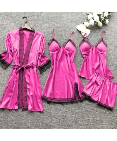 Women Pajamas Set Ladies Plus Size Sexy Lace V-Neck Robe Dress Babydoll Sleepwear Nightdress 4pcs Set - Hot Pink - CC194DSX0M...