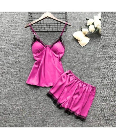 Women Pajamas Set Ladies Plus Size Sexy Lace V-Neck Robe Dress Babydoll Sleepwear Nightdress 4pcs Set - Hot Pink - CC194DSX0M...