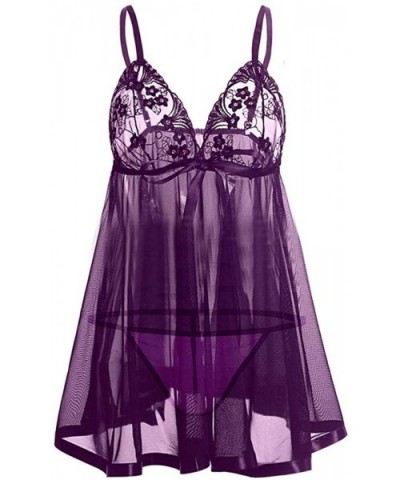 Women's Strap Cute Ladies Sleep Lingerie Nightdress Sexy Lace Sleeveless Embroidery Nightgown - Purple - C41937GU3OD $38.64 N...