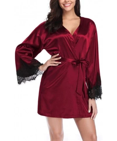 Women's Lace V Neck Lingerie Dress with Belted Kimono Robes Nightgown - Wine - C41987449CT $53.82 Robes