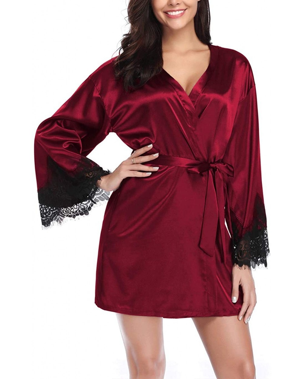 Women's Lace V Neck Lingerie Dress with Belted Kimono Robes Nightgown - Wine - C41987449CT $53.82 Robes