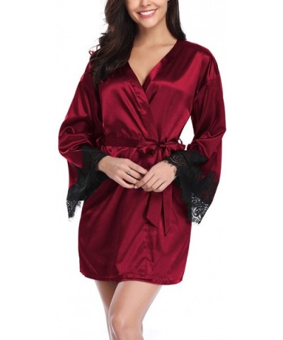 Women's Lace V Neck Lingerie Dress with Belted Kimono Robes Nightgown - Wine - C41987449CT $53.82 Robes