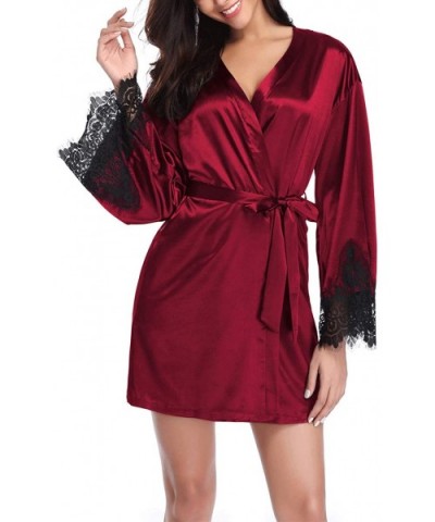 Women's Lace V Neck Lingerie Dress with Belted Kimono Robes Nightgown - Wine - C41987449CT $53.82 Robes