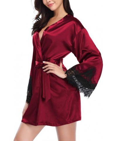 Women's Lace V Neck Lingerie Dress with Belted Kimono Robes Nightgown - Wine - C41987449CT $53.82 Robes