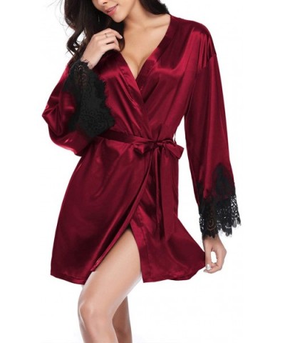 Women's Lace V Neck Lingerie Dress with Belted Kimono Robes Nightgown - Wine - C41987449CT $53.82 Robes