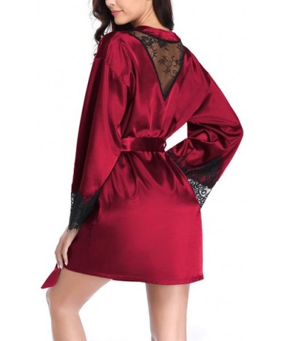 Women's Lace V Neck Lingerie Dress with Belted Kimono Robes Nightgown - Wine - C41987449CT $53.82 Robes