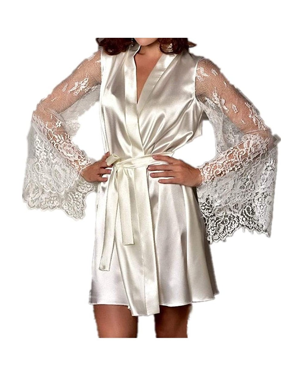 Ladies Sexy Pajamas Lace Bandage Bathrobe Party Gift Ladies Mandatory - Rice White - C919733K9U0 $69.18 Robes