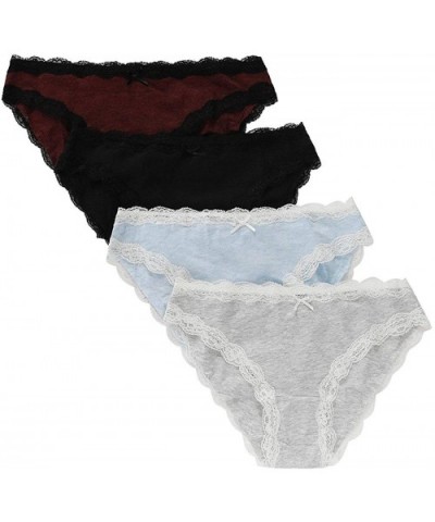 4 Pack Women's Cotton Bikini Underwear Soft Lace Trim Panties Briefs - Black/Gray/Wine Red/Sky Blue - CC18LHDHMRW $26.70 Panties