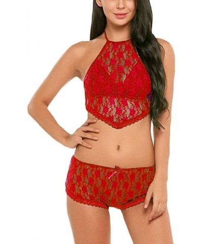 Sexy Underwear Women Lace Bralette Bra Brief Set Lingerie with Thong - Red - C818ZO5IQMM $15.84 Garters & Garter Belts
