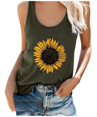 Womens Short Sleeve Women Plus Size Summer Sunflower Print Round Neck Sleeveless T Shirt Top Tank G army Green - CI19E6YDSD7 ...