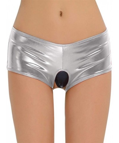 Sexy Women's Hollow Out Shiny Leather Hot Shorts Metallic Dance Bottoms - Silver - CW18ALEAXR2 $14.77 Thermal Underwear