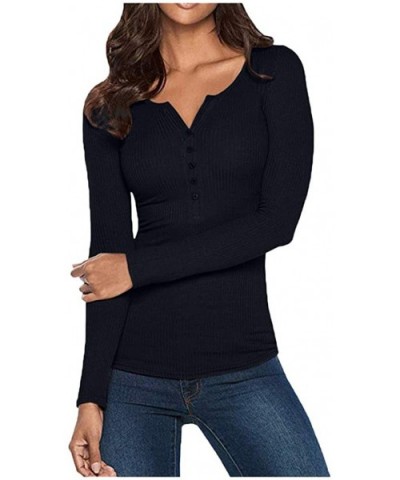 Womens V Neck Blouse Henley Shirts Long Sleeve Ribbed Button Down Slim Fit Sweater Tops - Navy - CG18AGHN38I $29.46 Thermal U...