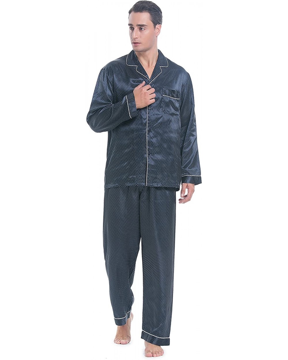 Men's Long Sleeve Silk Satin Pajama Set- Silky Pajamas Sleepwear - Navy Print - CH18ES9I64T $48.12 Sleep Sets