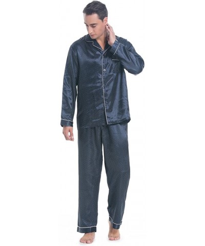 Men's Long Sleeve Silk Satin Pajama Set- Silky Pajamas Sleepwear - Navy Print - CH18ES9I64T $48.12 Sleep Sets