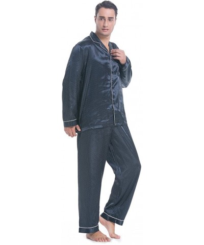 Men's Long Sleeve Silk Satin Pajama Set- Silky Pajamas Sleepwear - Navy Print - CH18ES9I64T $48.12 Sleep Sets