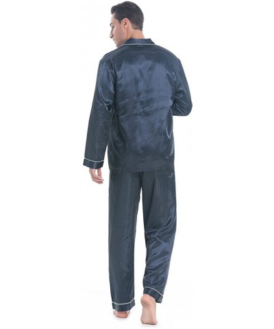 Men's Long Sleeve Silk Satin Pajama Set- Silky Pajamas Sleepwear - Navy Print - CH18ES9I64T $48.12 Sleep Sets