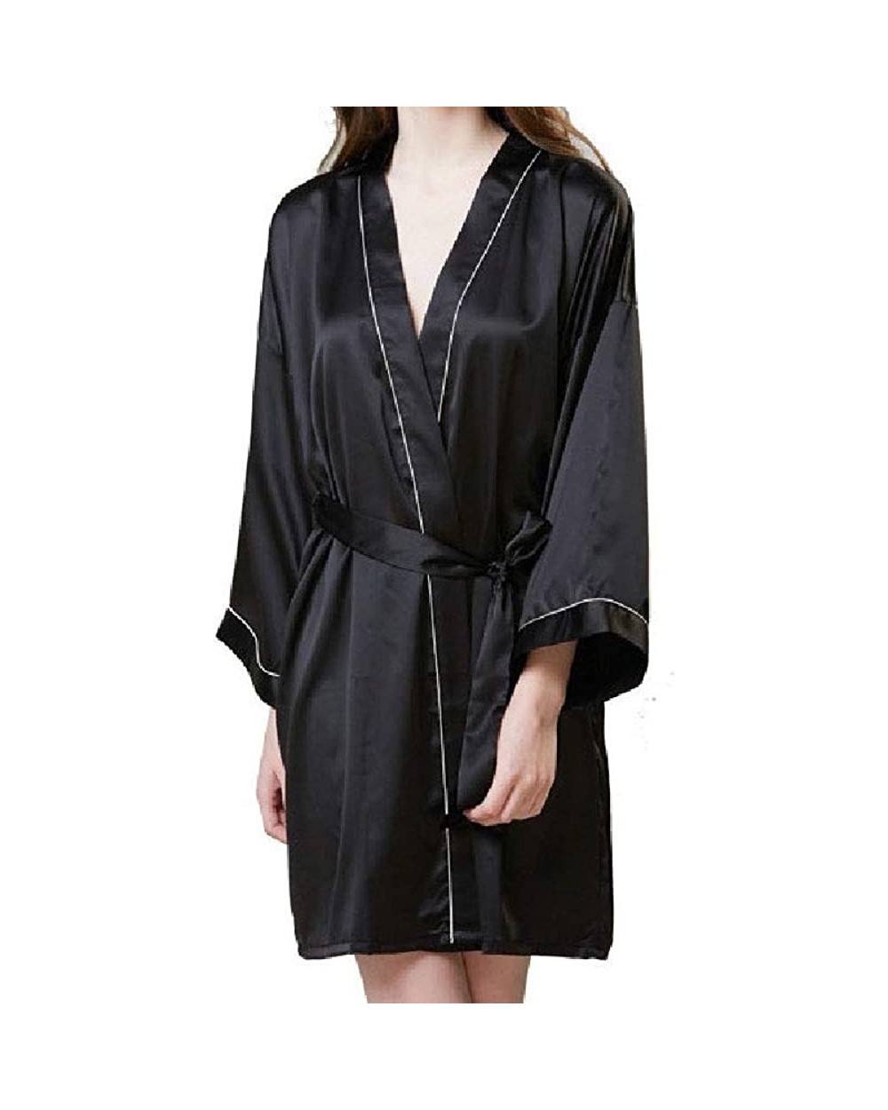 Women's Trumpet Sleeves Belted Comfy Mid-Length Satin Sleepwear Loungewear - 1 - CC19876UM5S $39.58 Tops