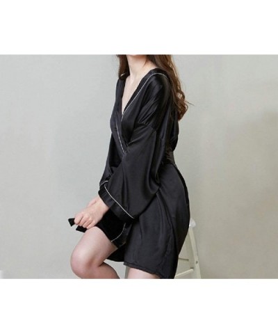 Women's Trumpet Sleeves Belted Comfy Mid-Length Satin Sleepwear Loungewear - 1 - CC19876UM5S $39.58 Tops