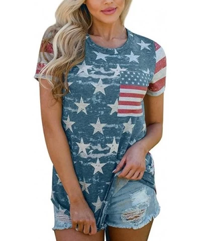 Patriotic 4th July Shirt Women O-Neck Short Sleeve Independence Day Flag Print Top - Blue2 - C8190GU2XO4 $21.97 Thermal Under...