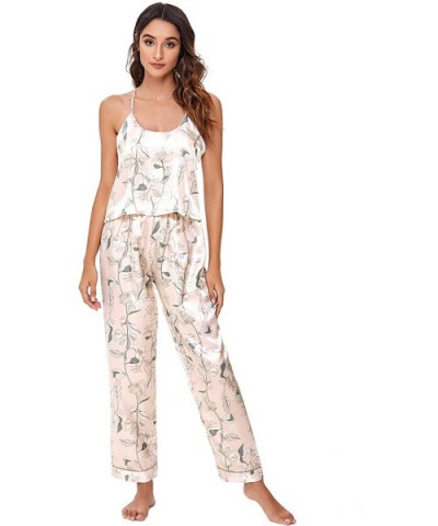 Women Satin Cami Pajamas Sets Floral Print Loungewear Casual Pants PJ - Gold - CP19CGLLU49 $30.46 Sets