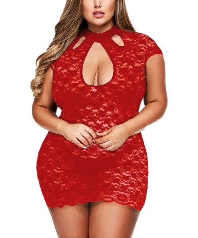 Plus Size Lingerie for Women Bust Keyhole Lace Babydoll Chemise Mesh Sleepwear - Red - C1192Z386GO $26.70 Baby Dolls & Chemises