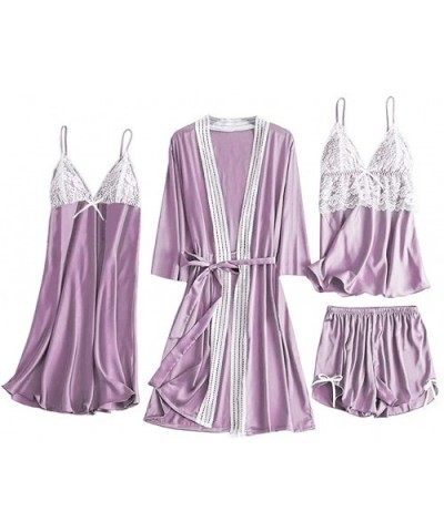 4Pcs Women's Silk Satin Bathrobe Pajamas Nightgown Kimono Lace Sleepwear Babydoll Nightdress with Shorts Sets - Purple - CW19...