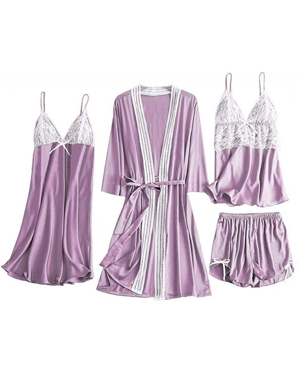 4Pcs Women's Silk Satin Bathrobe Pajamas Nightgown Kimono Lace Sleepwear Babydoll Nightdress with Shorts Sets - Purple - CW19...