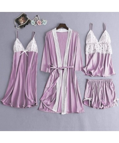 4Pcs Women's Silk Satin Bathrobe Pajamas Nightgown Kimono Lace Sleepwear Babydoll Nightdress with Shorts Sets - Purple - CW19...