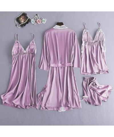 4Pcs Women's Silk Satin Bathrobe Pajamas Nightgown Kimono Lace Sleepwear Babydoll Nightdress with Shorts Sets - Purple - CW19...