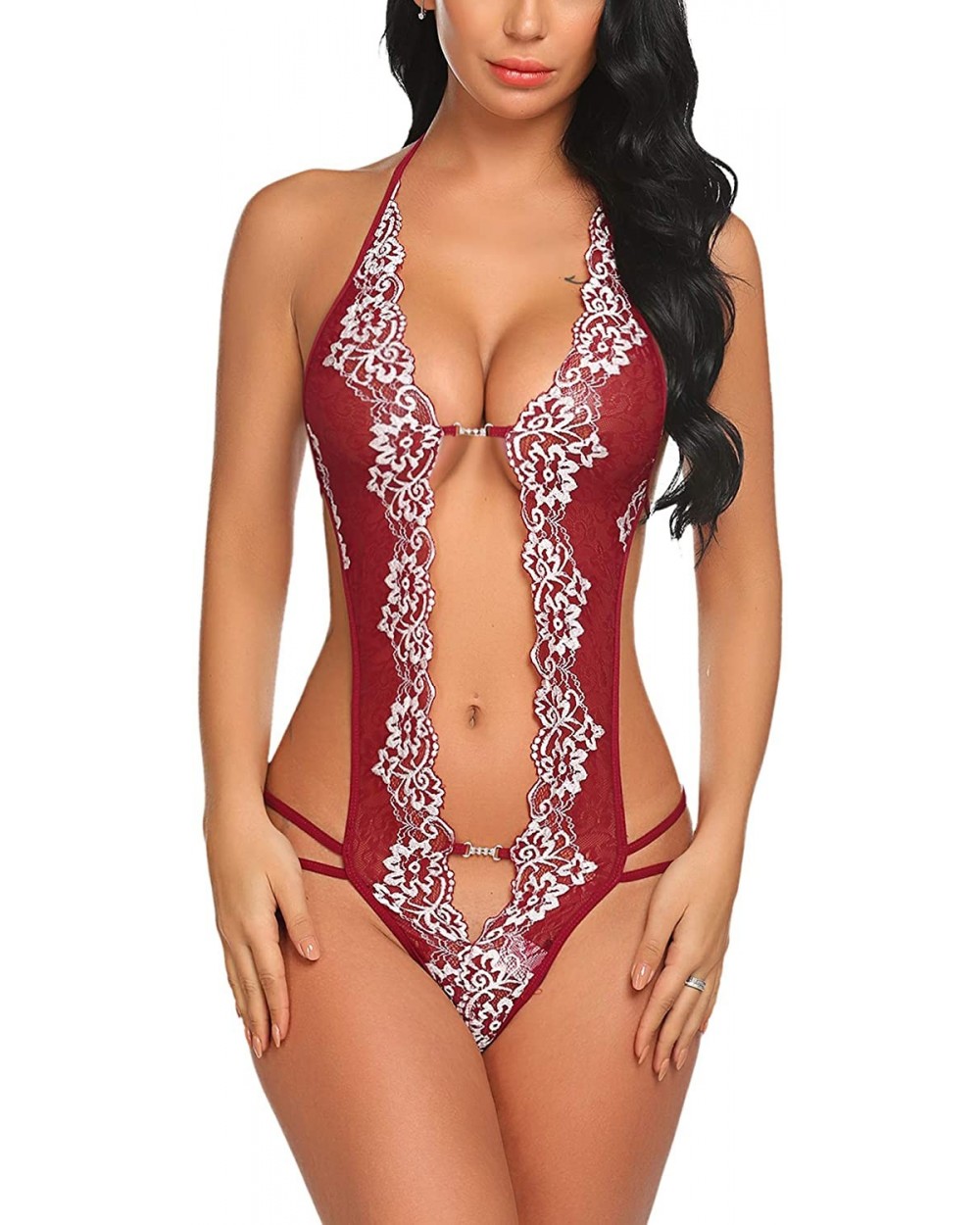 Women Lace Teddy Bodysuit One Piece Lingerie V-Neck Nightwear Mini Babydoll S-XXL - Dark/Wine Red - C118WK42LSK $17.58 Baby D...