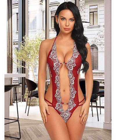 Women Lace Teddy Bodysuit One Piece Lingerie V-Neck Nightwear Mini Babydoll S-XXL - Dark/Wine Red - C118WK42LSK $17.58 Baby D...