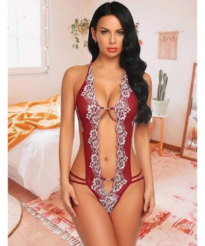 Women Lace Teddy Bodysuit One Piece Lingerie V-Neck Nightwear Mini Babydoll S-XXL - Dark/Wine Red - C118WK42LSK $17.58 Baby D...